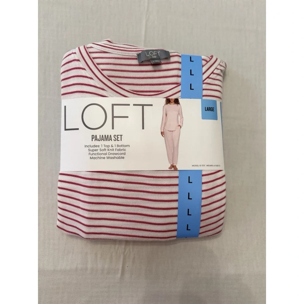 NWT LOFT Women's 2-Piece Pajama Set Large Fruit Dove Pin Stripe Pink White